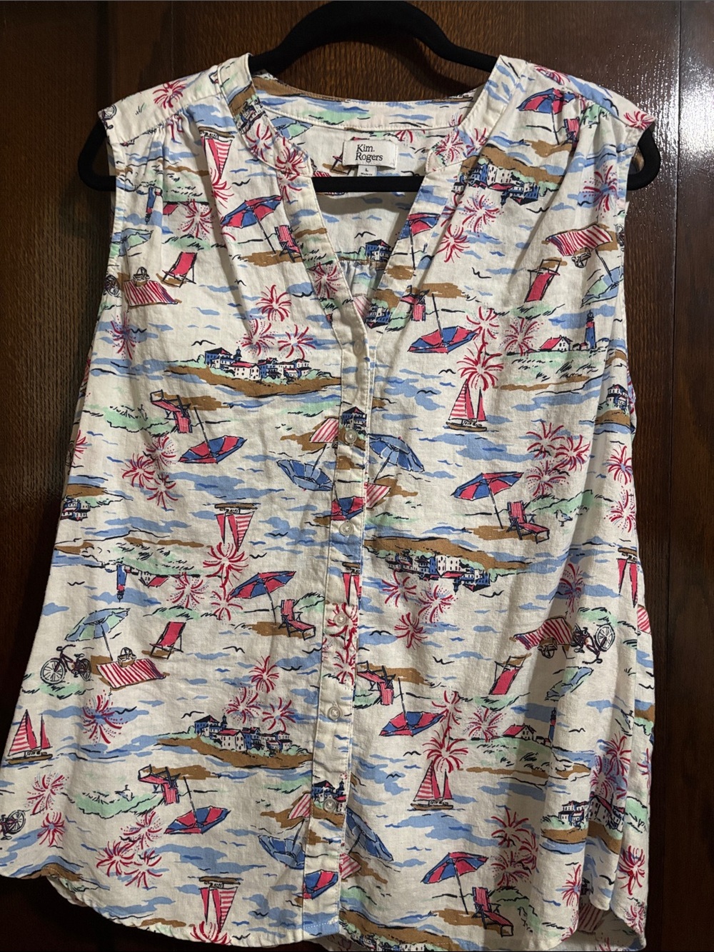 Kim Rogers Sleeveless Beach Print Top in White, Blue, Pink, Brown